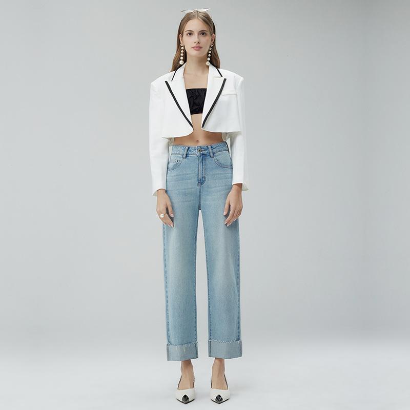 Jeans Straight Cropped Vuelta Bajo  | Jeans Mujer Jeans Azul lavado