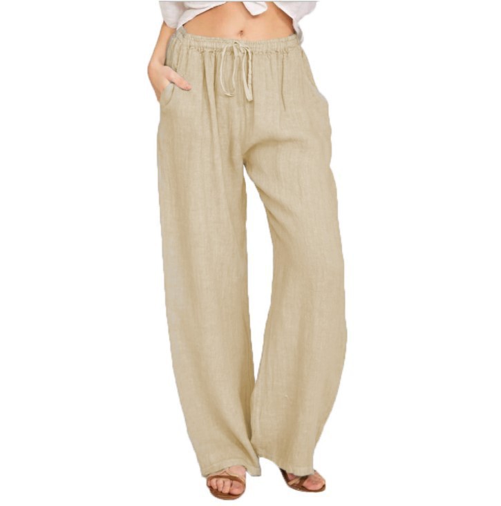 Pantalón Straight Con Lino Cintura Goma  | Pantalones Mujer Mujer Crudo