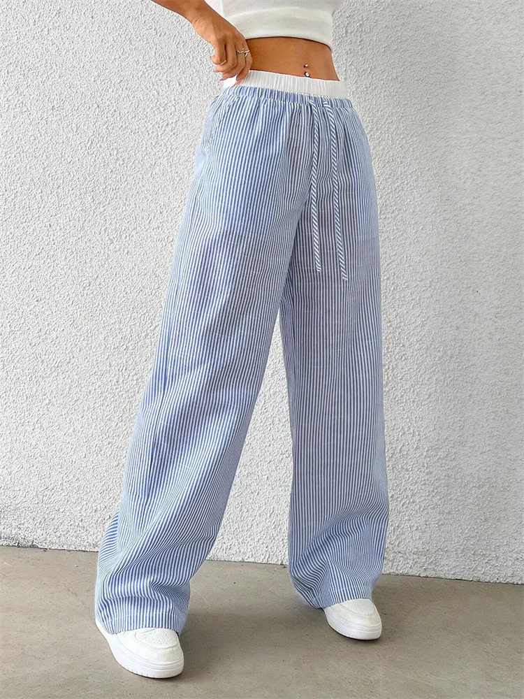 Pantalón Straight Rayas Cintura Goma  | Pantalones Mujer Mujer Azul claro